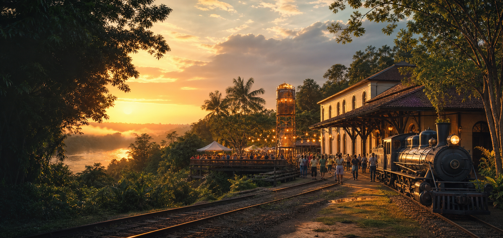 Complexo ferroviário em meio à paisagem amazônica durante um encontro ao pôr do sol